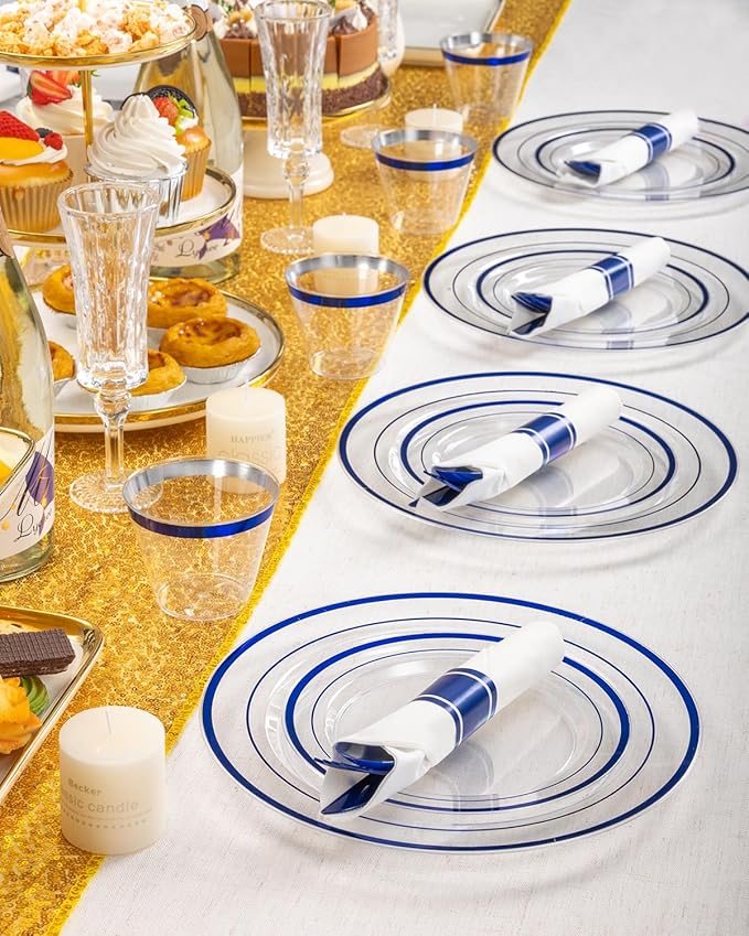 Goodluck 175 Piece Blue Plastic Plates, Clear Plastic Silverware Disposable Plates Set, Include 50Plates, 25Pack Pre Rolled Napkins with Silverware, 25Cups for Party, Wedding, Graduation