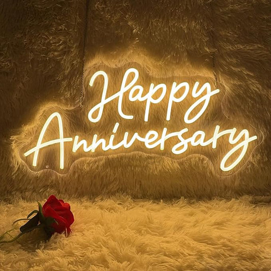 Large Happy Anniversary Banner Led Neon Signs for Wall Decorations 23"×11" Wife Husband Parents Wedding Happy Anniversary Sign for12 36 45th Birthday Party Romantic Decor Backdrop