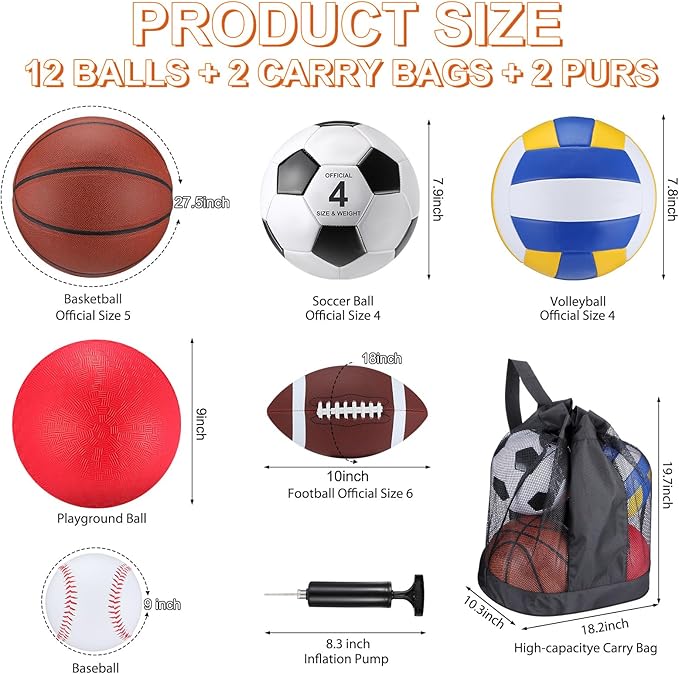 Deekin 12 Pcs Assorted Sport Ball Set for Kids Official Size Basketball Football Volleyball Soccer Baseball Playground Ball with Bag and Pump for Valentine's Kid Youth Gift