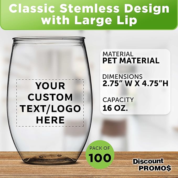 Custom Plastic Stemless Wine Glasses 16 oz. Set of 100, Personalized Bulk Pack - BPA Free, Great for Outdoor Lounges, Poolside, Parties and Other Events - Clear