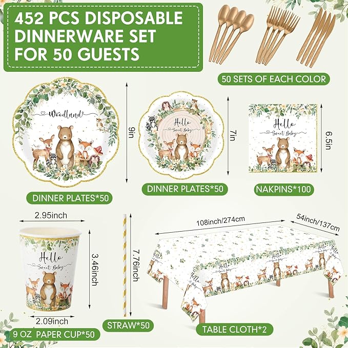 452 Pcs Woodland Baby Shower Decorations for 50 Guests, Forest Animals Woodland Paper Plates Napkins Cups Tablecloth Cutlery Straws for Neutral Forest Animal Baby Shower Party Supplies