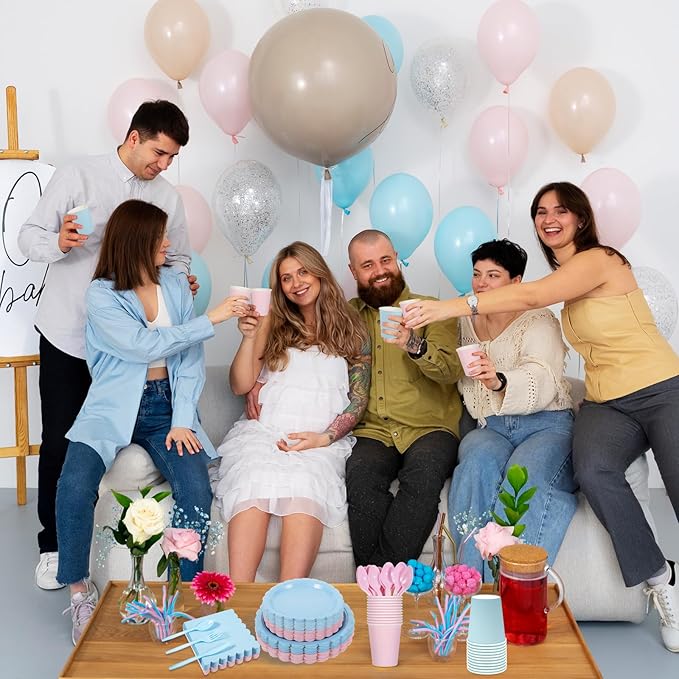 350 Pcs Baby Gender Reveal Plates and Napkins, 50 Guest Boy or Girl Gender Reveal Party Supplies Include Light Pink and Light Blue Plates Napkin Cup Plastic Spoon Fork Knive for Baby Shower