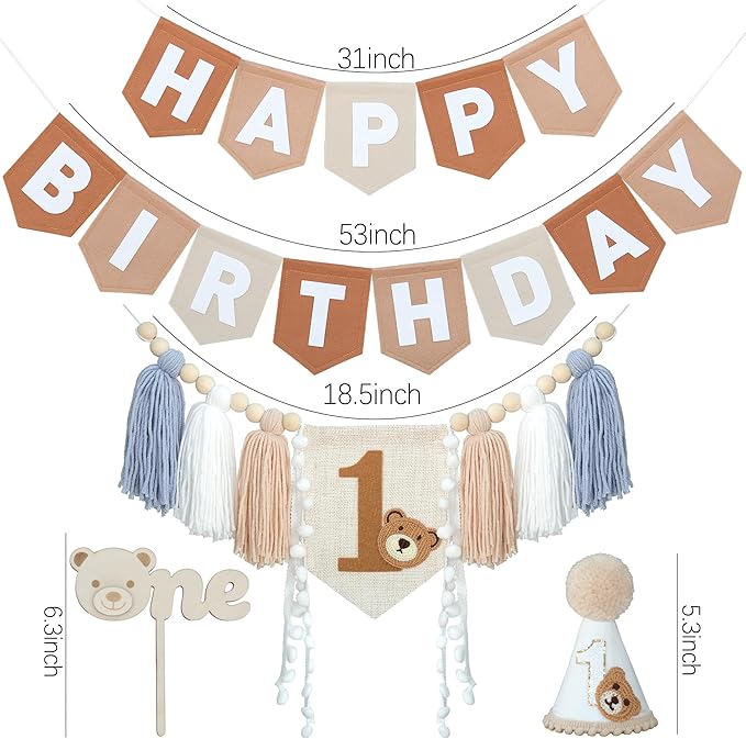 Bear First Brown Felt Happy Birthday High Chair Banner Pre-strung Birthday Hanging Decoration With Birthday Hat One Cake Topper For 1st Birthday Party Decor