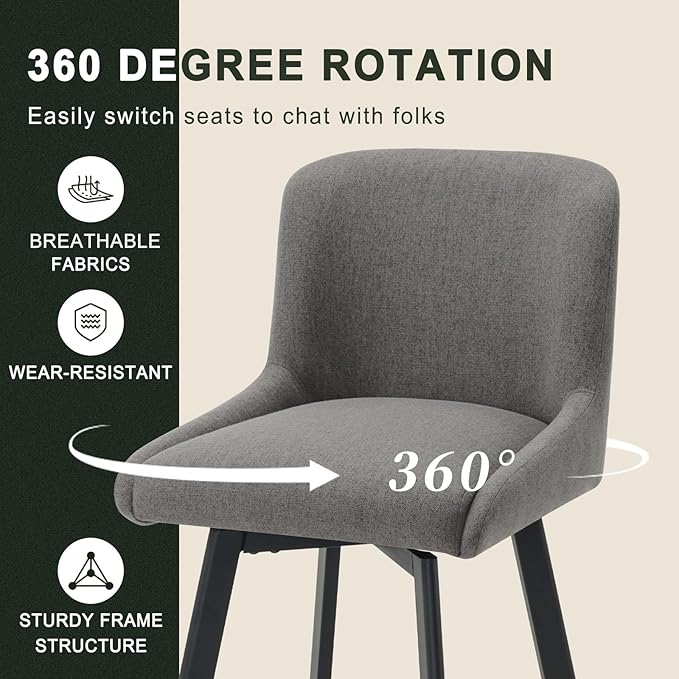 Swivel Bar Stools Set of 6, 26''H Upholstered Barstools with Backs, Modern Counter Height Bar Stool Chairs for Kitchen Island, Metal Legs, Fabric, Gray Counter Stools