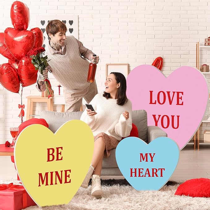 Teling 3 Pcs 24in 36in 46in Valentine's Day Conversation Heart Cardboard Cutout Stand up Set Valentines Day Party Backdrop Sweetheart Candy Conversation Heart Decoration for Wedding Party Photo Prop