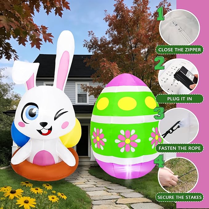 Dearsun 4FT Inflatable Easter Bunny& Egg Blow up Outdoor Yard Decorations, Easter Inflatables with LED Lights for Holiday Party Indoor Outdoor Décor