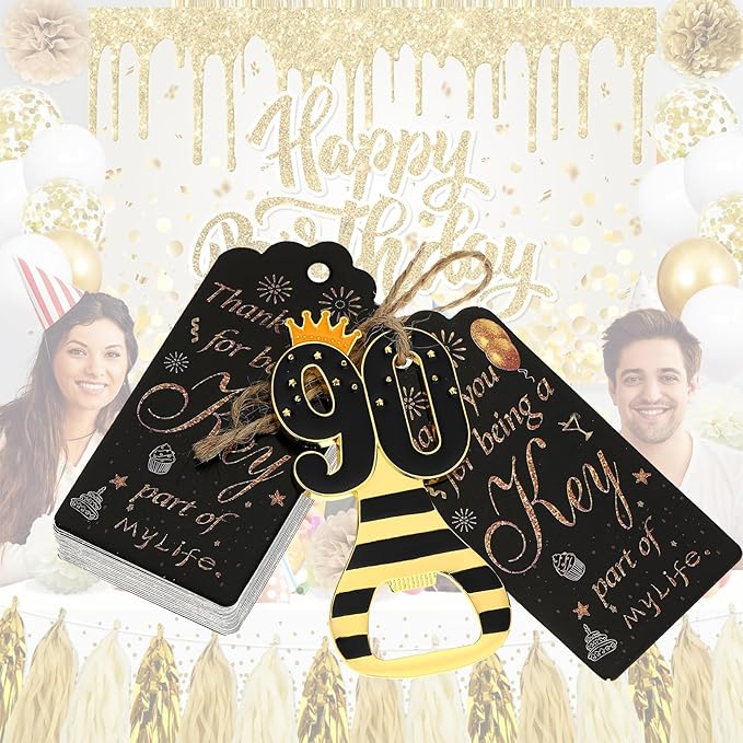 24pcs 90th Gold Keychain Bottle Opener 90th Birthday Party Favors, 90 Keychain Beer Bottle Opener Favors Anniversary Souvenirs Return Gifts for Guests Party Decor Supplies (black 90)