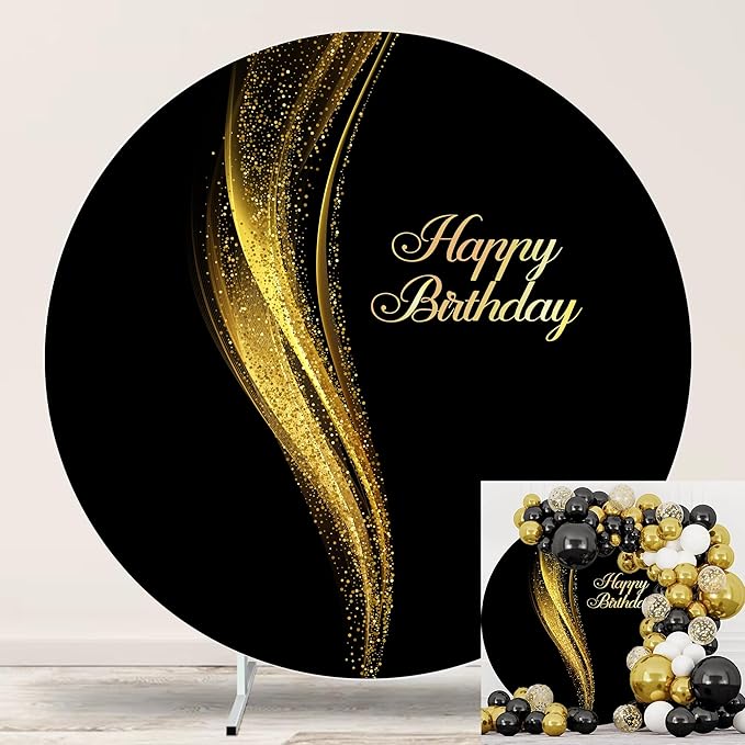 Black and Gold Happy Birthday Round Backdrop Cover 6.5ft Black Background for Photography Shining Gold Sequins Black Arch Backdrop Cover for Women Man Birthday Party Adult Kids Photo Props