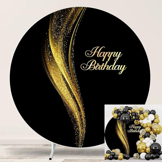 Black and Gold Happy Birthday Round Backdrop Cover 7.2ft Black Background for Photography Gold Shining Sequins Birthday Party for Women Man Adult Kids Photo Portrait Photo Studio Props