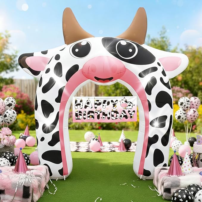 12FT Inflatable Cow Arch Outdoor Decorations Giant Cow Inflatables with Built-in 5 LED Lights Farm Animals Blow Up Garden Yard Lawn Decor for Baby Shower Cow Easter Valentines Day Birthday Party