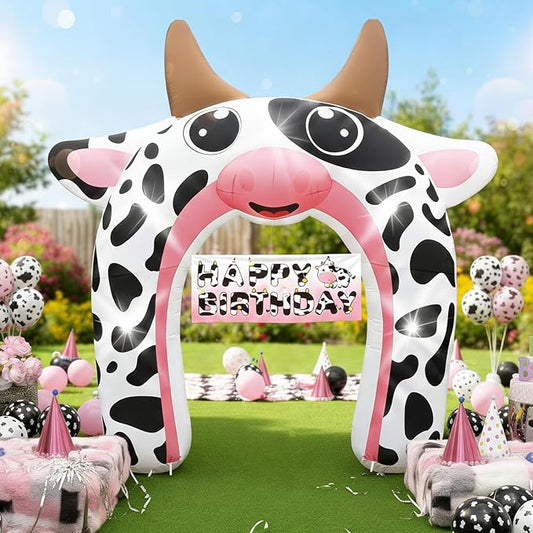 12FT Inflatable Cow Arch Outdoor Decorations Giant Cow Inflatables with Built-in 5 LED Lights Farm Animals Blow Up Garden Yard Lawn Decor for Baby Shower Cow Easter Valentines Day Birthday Party