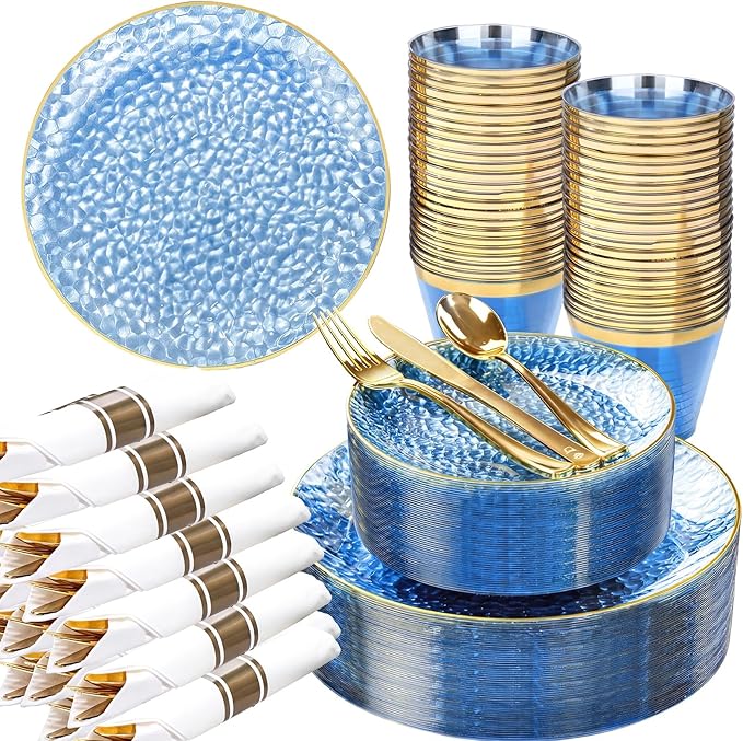 Rubtlamp 100 Guest Blue Gold Plastic Dinnerware Set,Clear Blue Disposable With Gold Rim, Hammer Fancy Party Plates Include 100Dinner Platos,100Cake Platos,100Cups,100 Pre Rolled gold Cutlery