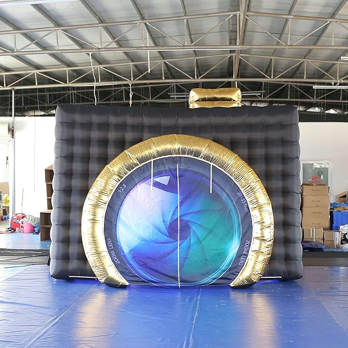 SAYOK Inflatable Photo Booth with Lights, Portable Camera Shaped Cube Tent with Blower, 11.5x9.2x8.2ft (Black&Gold Exterior/White Interior), Backdrop for Wedding Events, Parties, Exhibitions