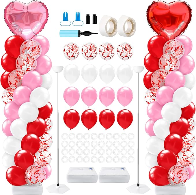 Kasyat 2 Set Valentines Day Balloons Column Stand Kit Red Pink White Arch Garland Kit, Love Heart Foil Balloons for Women Anniversary Wedding Engagement Romantic Proposal Party Decorations