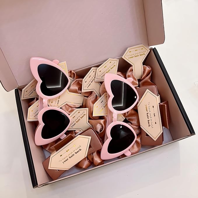 Bridesmaid Scrunchies Proposal Gifts square 4.1inch Bachelorette Hair Claws Clips women heart sunglasses headband gift for Wedding Party Favors (White&Rose Gold 48pcs)