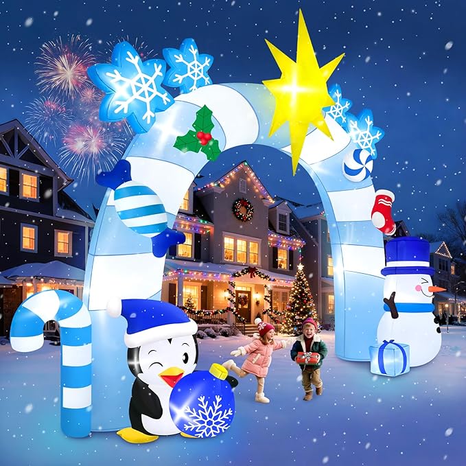 16FT Christmas Inflatable Archway with LED Light, Kalolary Blue Winter Snowman Penguins Inflatable Merry Christmas Blow Up Outdoor Decoration for Courtyard Lawn Shopping Mall Street