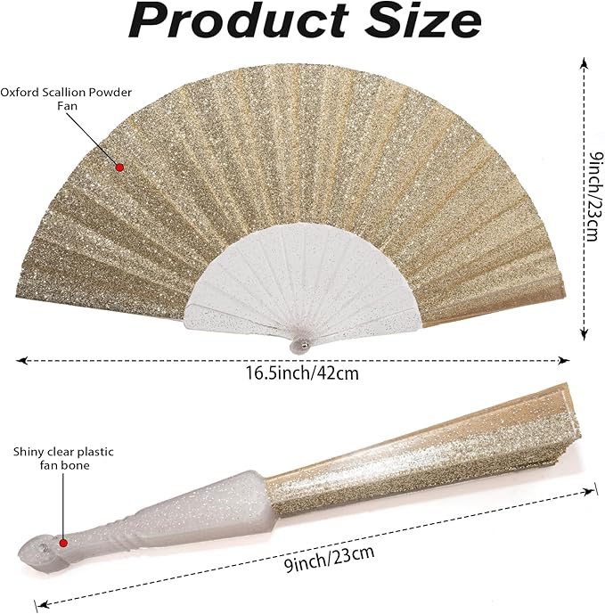 48 Pack Handheld Fan,Folding Hand Glitter Fan with Shining Transparent Fan Rib – Ideal for Wedding, Church, Festival, Dance, Tea Party, Club, and EDM Accessories, Light Gold