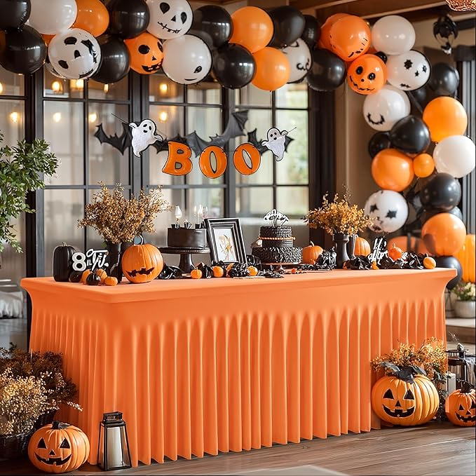 6 Packs Orange Table Clothes for 6 Foot Rectangle Tables, One-Piece Wrinkle Resistant Stretch Spandex Table Covers with Skirt for Event Banquet Wedding Birthday Party