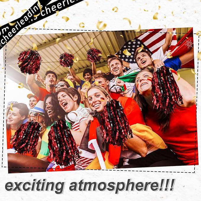 Hanaive 100Pcs Metallic Cheerleading Pom Poms with Baton Handle Cheerleader Pompom Foil 30g Cheering Squad Hand Flowers for Adults Team Spirit Sports Party Cheering