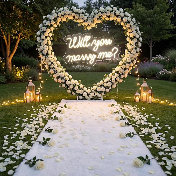 Breling 6.6ft Large Metal Heart Arch Stand and Will You Marry Me LED Neon Light Sign Backdrop for Outdoor Proposal Wedding Engagement Bridal Valentine and Birthday Party Decor(White)