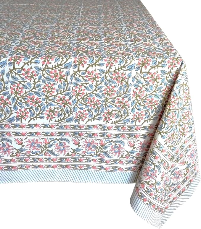 ATOSII Kalina 100% Cotton Fall Rectangle Tablecloth, Handblock Print Floral Table Cloth for Kitchen Dining Linen I Weddings Outdoors Easter Spring Summer I 72 X 108 Inches I 8 Seater