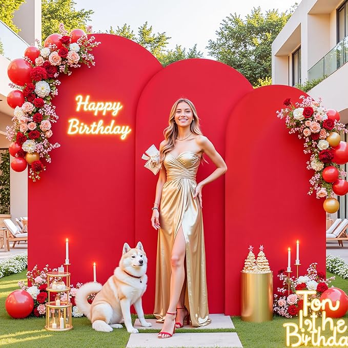 Red Arch Backdrop Cover Set of 3 - Spandex Arch Covers 7.2FT 6.6FT 6FT Stretchy Fabric Backdrop for Wedding Ceremony, Bridal Baby Shower, Birthday Party, Photo Booth Background Decor