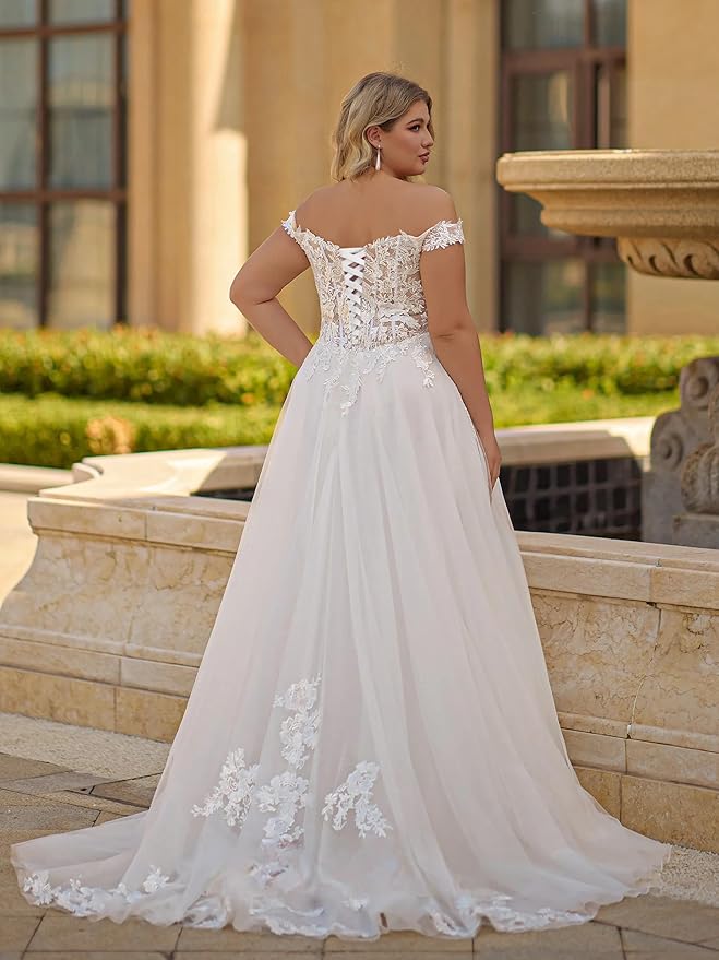 Plus Size Wedding Dresses for Bride Long Sleeve Wedding Bridal Gowns with Lace Appliques Off Shoulder Bride Dress