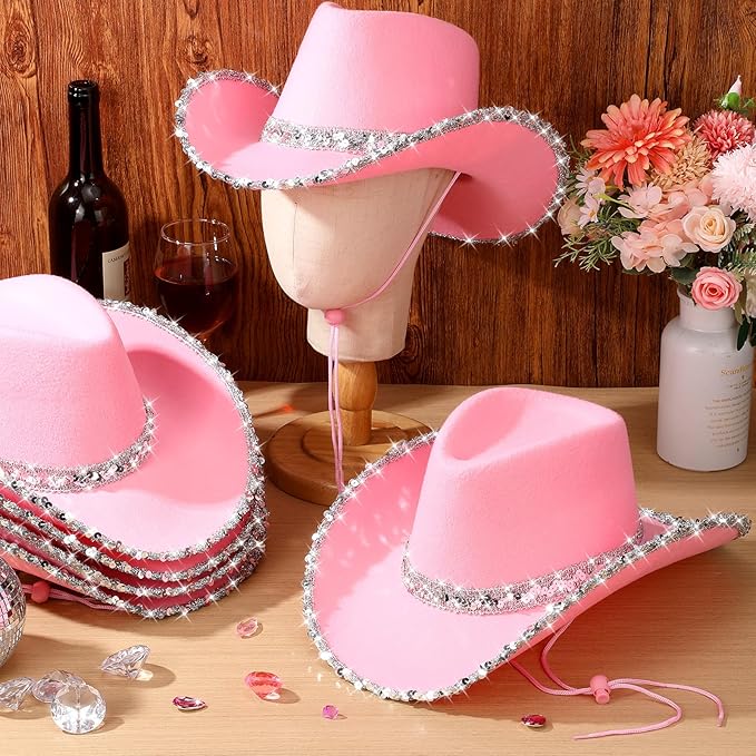 Hercicy 6 Pack Western Cowboy Hats with Rhinestone Tassel Bands Sequin Trim Sparkly Cowgirl Party Hats for Adults Women Men