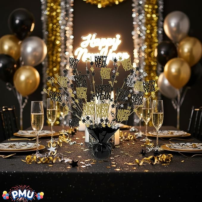 PMU 12Pc New Year's Eve Bursting Centerpiece for Table Decor, Table Balloon Weights| for Theme Party Decorations Supplies Black |15in