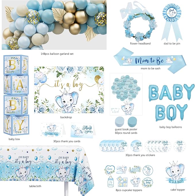 Elephant Baby Shower Decorations for Boy, Blue Elephant Baby Shower Party Supplies, It's a Boy Backdrop Tablecloth Elephant Balloon Arch BABY Box Mom to Be Sash Dad to Be Pin