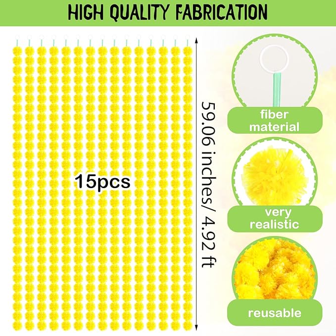 Giegxin 15 Pack Marigold Garland for Decoration 5 ft Long Strands Faux Artificial Marigold Flowers for Dia De Los Muertos Diwali Indian Wedding Party Decorations(Yellow)