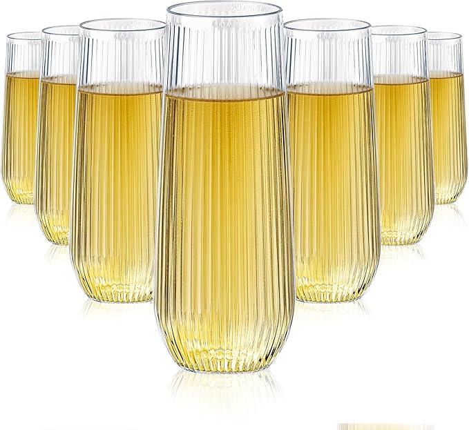 48 Pack Plastic Ribbed Champagne Flutes, 9 Oz Stemless Disposable Clear Plastic Toasting Glasses Shatterproof Recyclable and BPA-Free Perfect For Wedding