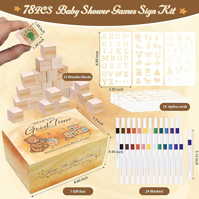 95 PCS Baby Shower Games Sign Kit for Boys Girls, 1 Wooden Game Sign, 52 Blank Wooden Blocks for DIY Drawing, 24 Markers, 18 Stencils, Baby Shower Game for Gender Reveal Activity Decorations