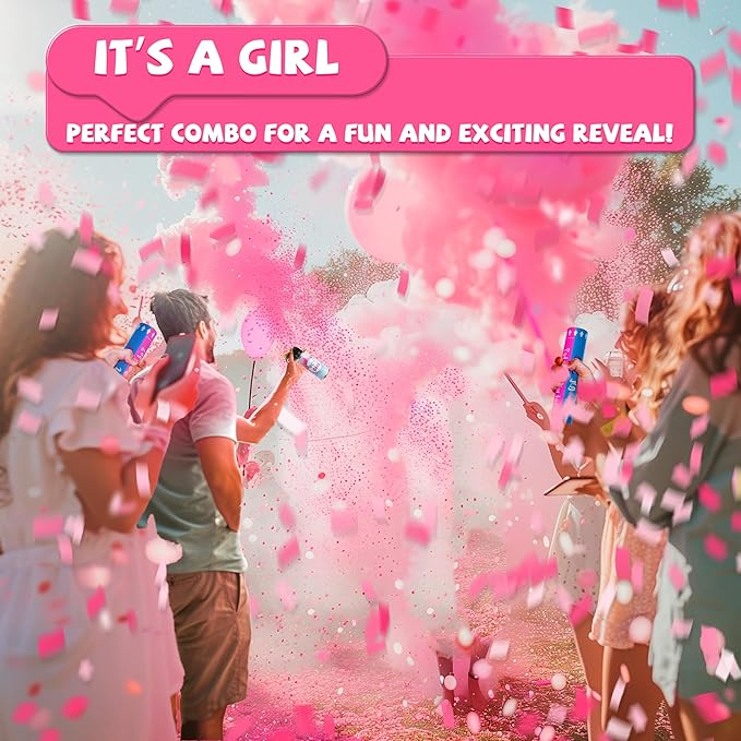 2 Pack Pink Gender Reveal Fire Extinguishers with 4 Pack Pink Confetti Cannons for Baby Girl Gender Reveal Party