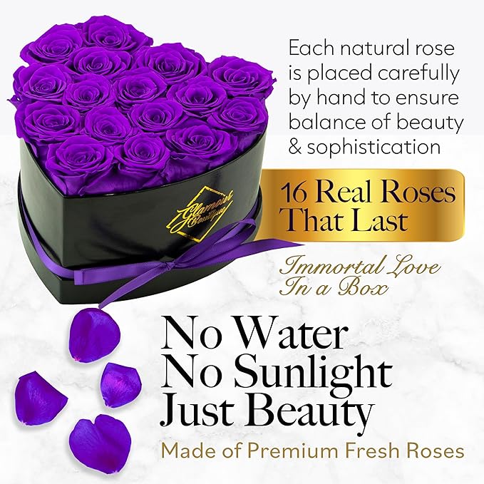GLAMOUR BOUTIQUE 16 Flower Forever Heart Shape Box, Eternal Preserved Roses Gift for Her, Lasting Flowers, Romantic Floral Keepsake for Birthday, Anniversary or Valentine’s Day, Purple (Color-Treated)