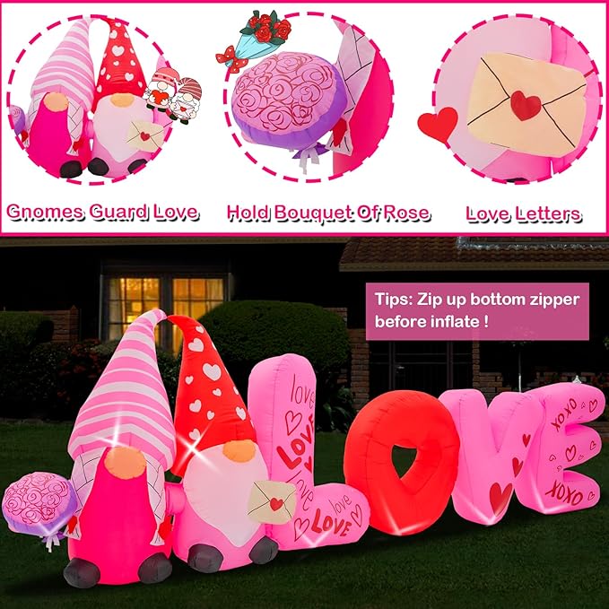 12FT Valentine Inflatables Outdoor Decorations-Love Valentines Day Inflatable Gnome Hold Rose Blow Up Yard Decorations with LED Lights Spring Outside Holiday Party Garden Lawn Decor