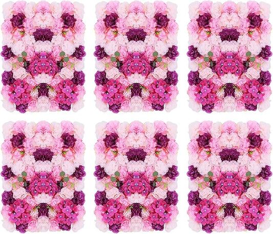 Flower Wall Panel Floral Backdrop,6pcs Champagne Flower Wall Decor,Silk Rose Wall, Artificial Flower Backdrop Faux Flower Panel for Wedding (6PCS Pink, Purple)