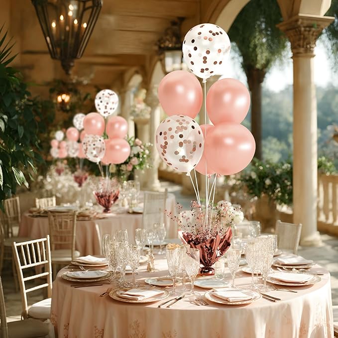 4 Set Rose Gold Table Balloons Foil Spray Centerpiece with Rose Gold and Confetti Balloons Stand Kit for Birthday Party, Baby Shower, Wedding, Bridal Shower, Prom, Cake Table Decorations