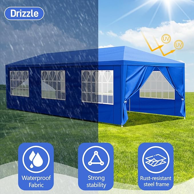 Party Tent for Outdoor Weddings, Birthdays, Events - Patio Gazebo Carport Canopy Shade With Removable Sidewalls & Transparent Window (10'x30'/8 Sidewalls Blue)