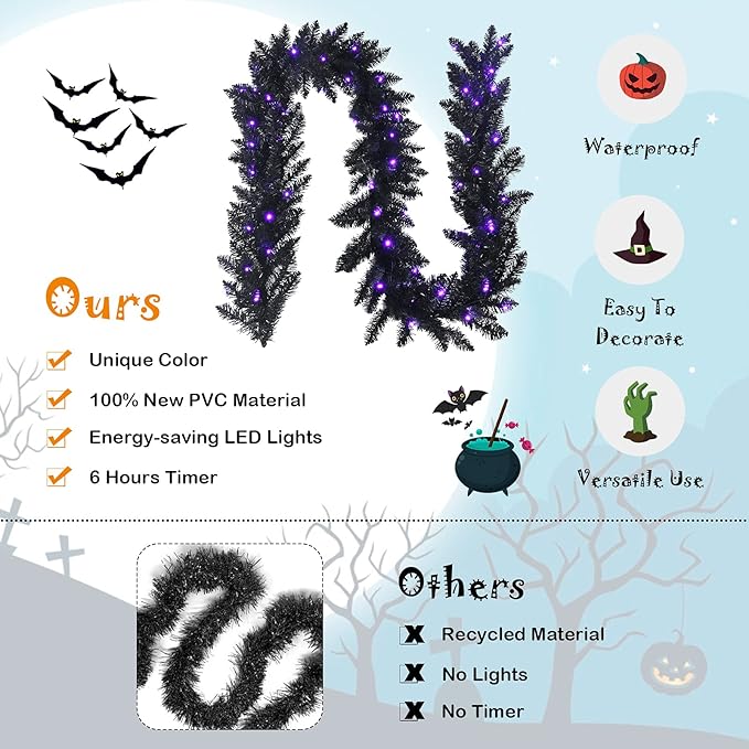 Goplus 9FT Black Christmas Garland with Lights, Pre-lit Artificial Battery Operated Halloween Garland W/ 50 LED Lights, Waterproof Controller with Timer, Xmas Decorations for Indoor Stairs Fireplace