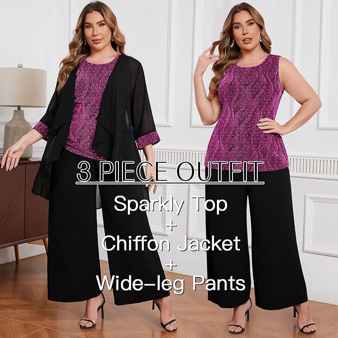 ZOMVA Plus Size 3 Piece Formal Pantsuit Sparkly Chiffon Jacket Set Dressy Outfit Mother of The Bride Groom Wedding Cocktail
