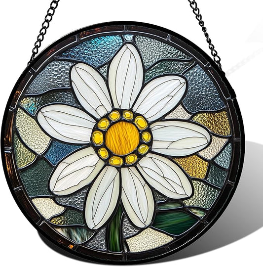 Stained Glass Window Hanging - Yellow White Daisy Birth Flower Suncatcher for Door Garden Yard Sun Catchers Decor Christmas Mother's Day Birthday Gifts for Teacher Women Mom Nana 11.8 in