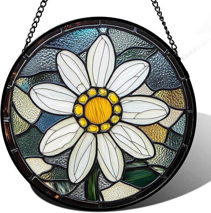 Stained Glass Window Hanging - Yellow White Daisy Birth Flower Suncatcher for Door Garden Yard Sun Catchers Decor Christmas Mother's Day Birthday Gifts for Teacher Women Mom Nana 15 in