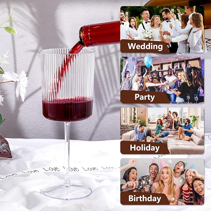 YOUBET 24 Pack Plastic Ribbed Wine Glasses - 10 OZ Clear Square Wine Glasses with Stem - Heavy Duty Vintage Disposable Champagne Cups for Wedding Parties