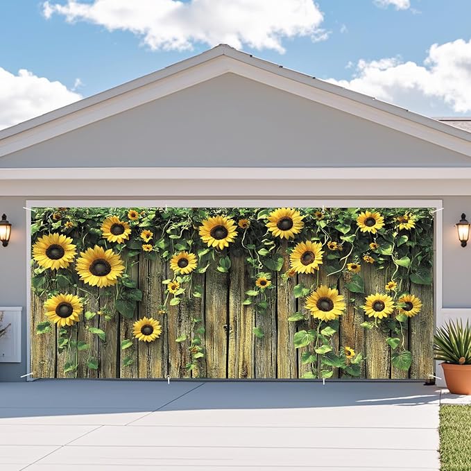 ANNA QUEEN Sunflower Fence Garage Door Banner 6 x 13FT, Vibrant Floral Sunflowers with Wooden Fence, Outdoor Garden Decoration for Spring and Summer Parties Home Decor