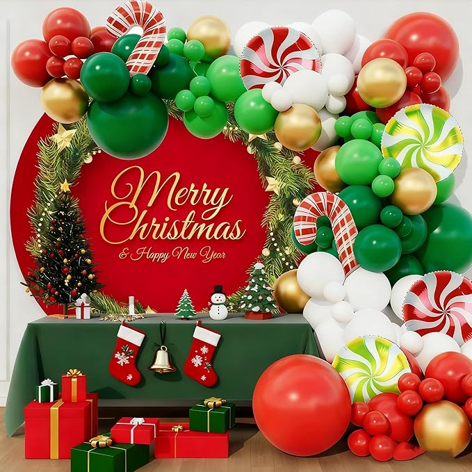YongFoto Merry Christmas Round Backdrop Cover 7.5ft Green Christmas Wreath Gold Red Background Xmas Eve Happy New Year New Year's Night Festival Carnival Family Celebration Party Banquet Decor Banner