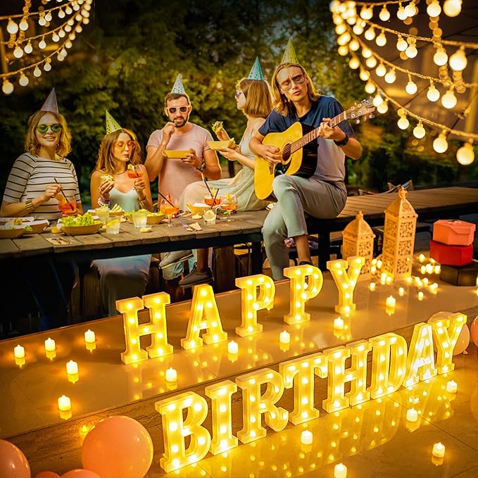 138pcs Happy Birthday Marquee Light Up Letters- LED Letter Number Light Sign with Round Light Balloons Decoration for Birthday Home Table Decor White