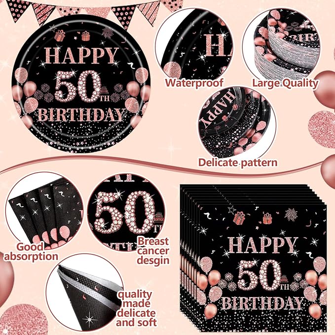 452 Pcs 50th Birthday Decorations for Women Black and Rose Gold 50th Birthday Paper Plates Cups Napkins Tablecloth Cutlery Straws for Girls Women 50 Year Old Party Supplies for 50 Guests