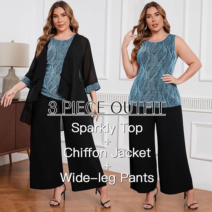 ZOMVA Plus Size 3 Piece Formal Pantsuit Sparkly Chiffon Jacket Set Dressy Outfit Mother of The Bride Groom Wedding Cocktail