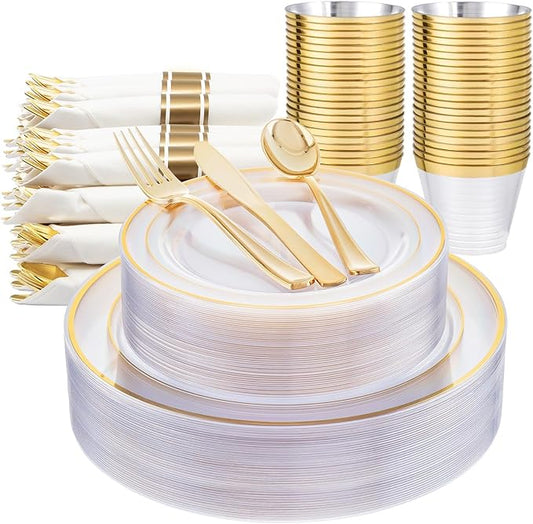 WELLIFE 350PCS Clear-Gold Plastic Plates - 100 Disposable Plates, 150Plastic Silverware, 50 Cups, 50 Napkins for Wedding & Party